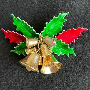 Vintage St Labre© Enamel Holly Leaves & Gold Bells Christmas Holiday Brooch Pin